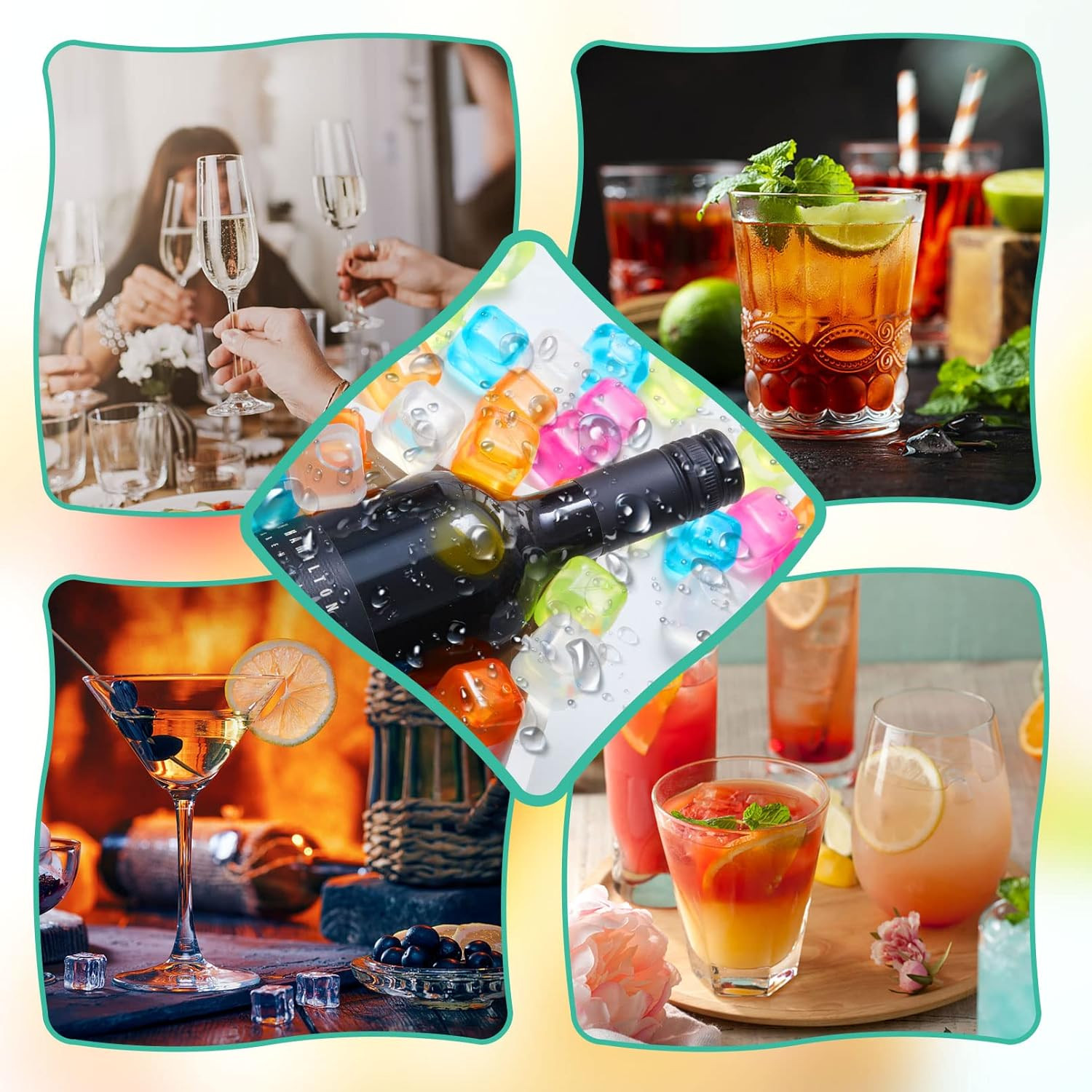 60Pcs Reusable Ice Cubes - Colorful Plastic, Non-Diluting Square Cubes for Drink