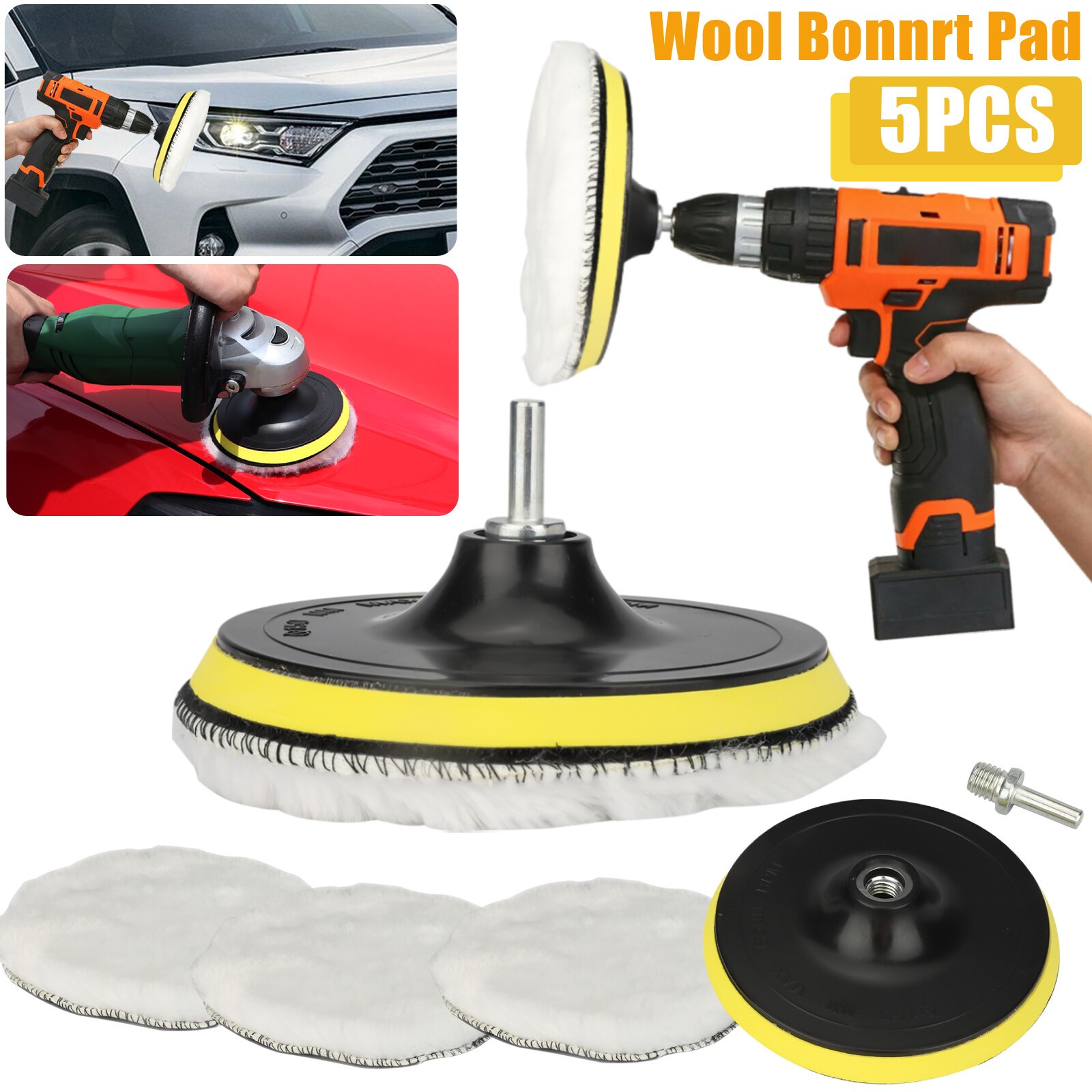5Pcs 6" Buffing Polishing Pad Wool Wheel Mop Kit For Car Polisher Drill Adapter