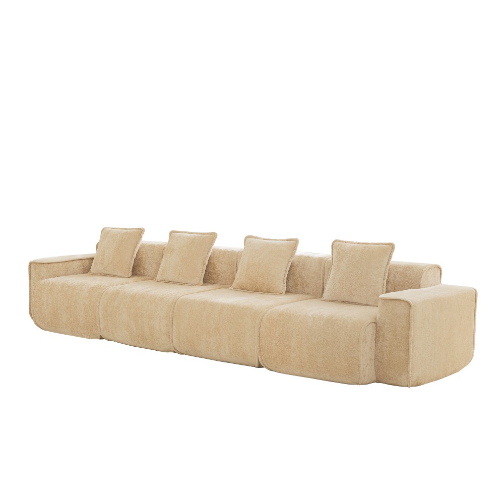Modular 4-Seat Sofa w/ Throw Pillows, Velvet Fabric, Light Camel