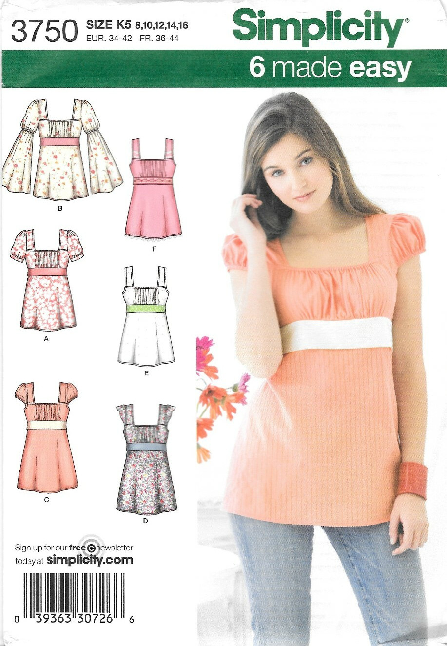 Uncut Simplicity 3750 Sewing Pattern Tunic Top Sleeve Variations Size: 8-16