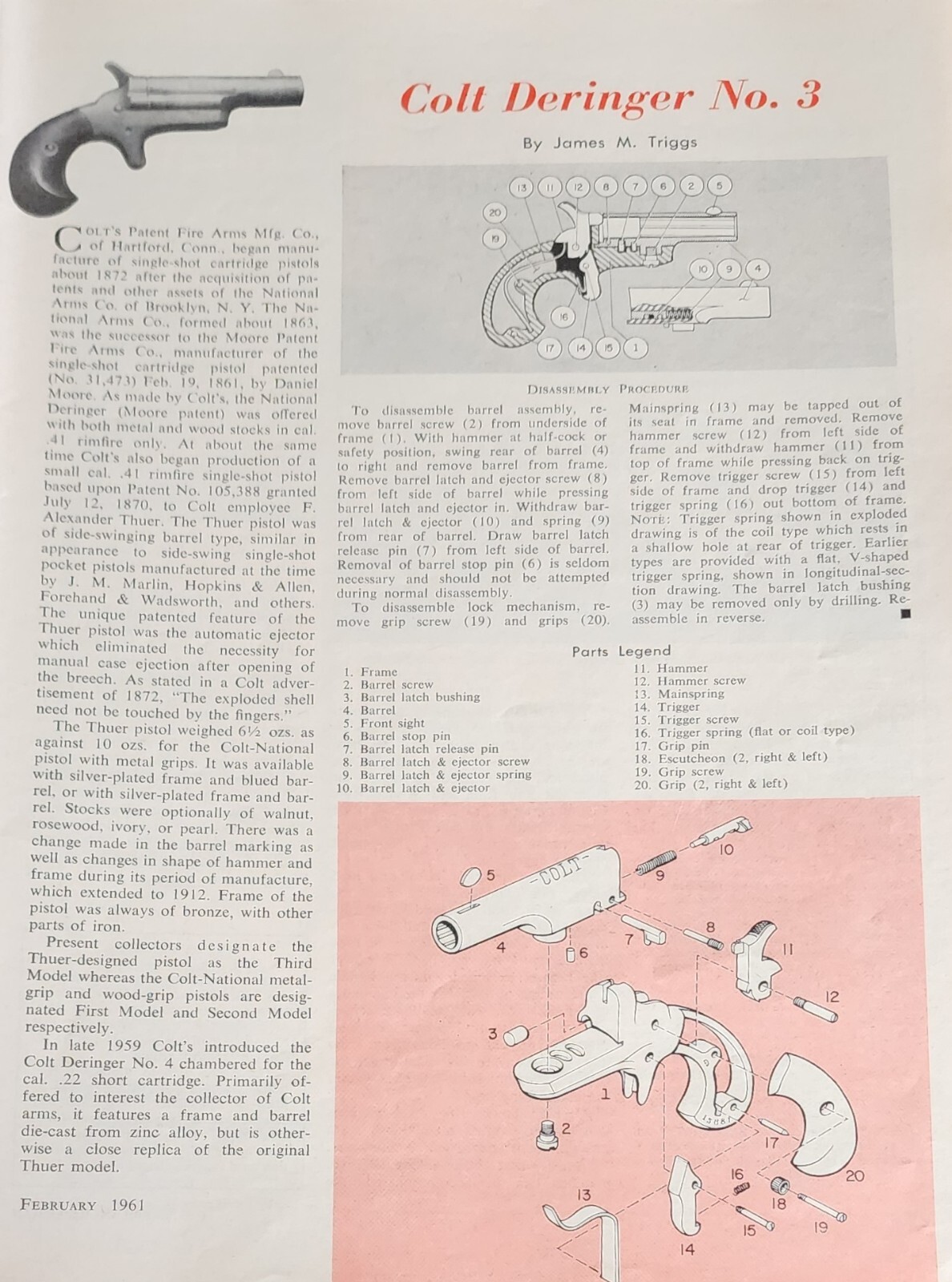 Colt Pistol Gun Firearm Magazine Picture Diagram Article Vtg Decor