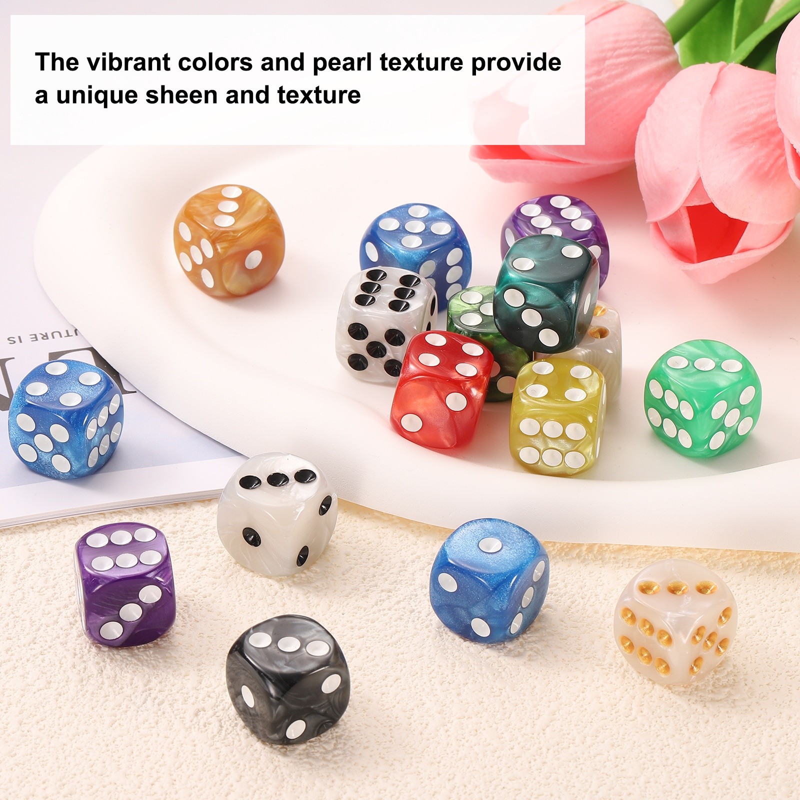 Polyhedral Dice Set 12mm Pearl Pattern Square Dice with Box, Black
