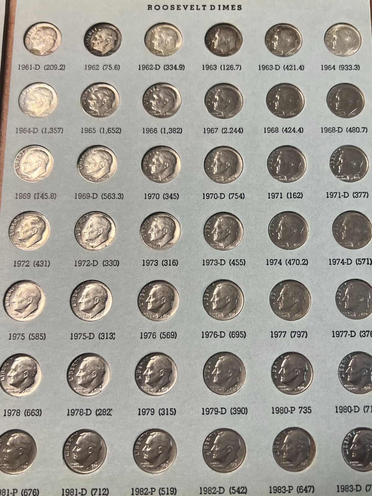 Roosevelt Dimes Set 1946-2004: 48 Silver Coins Total plus 79 Clads, Some Toned