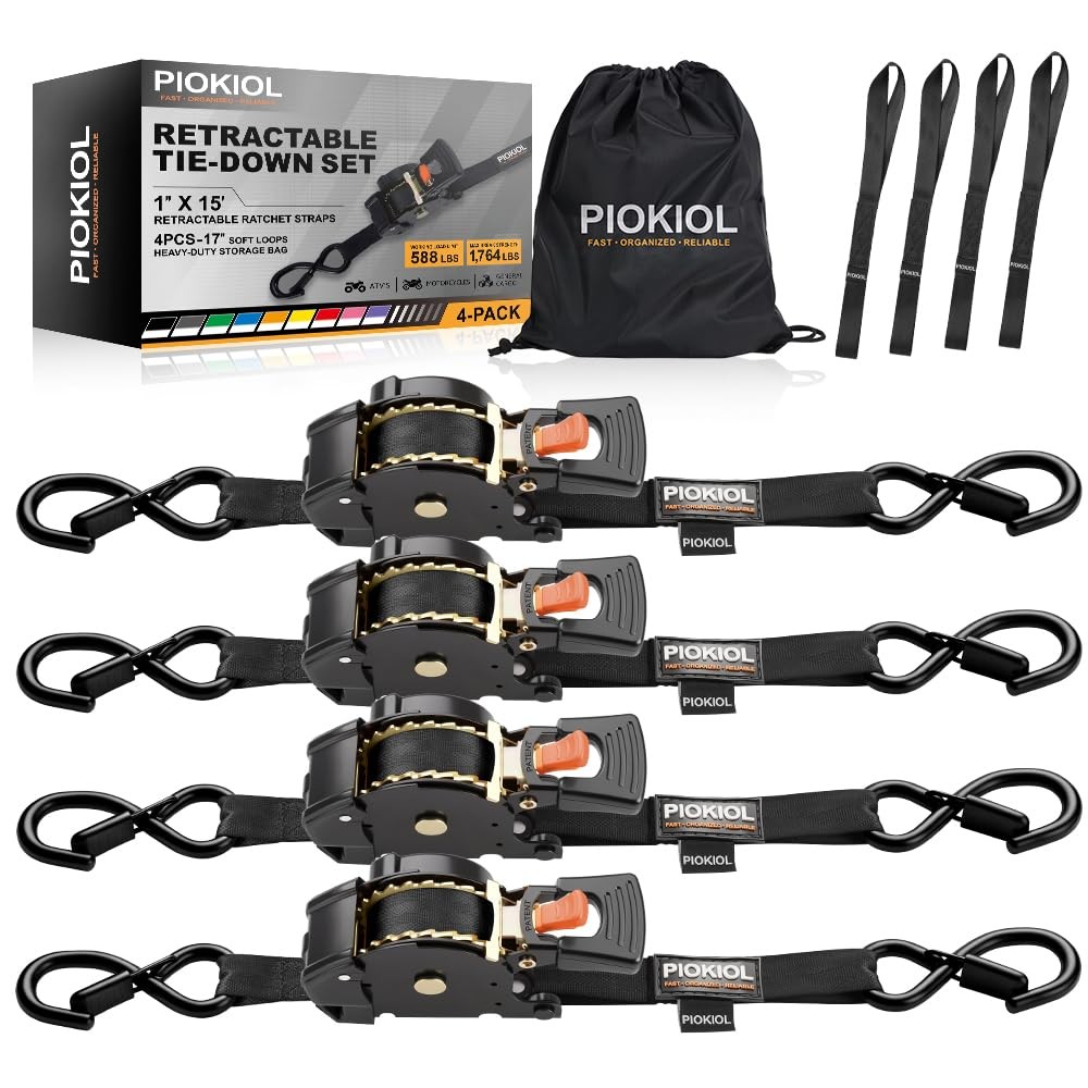 Retractable Ratchet Straps (4-Pack) - 1 Inch x 15 Feet 1in x 15ft, Black