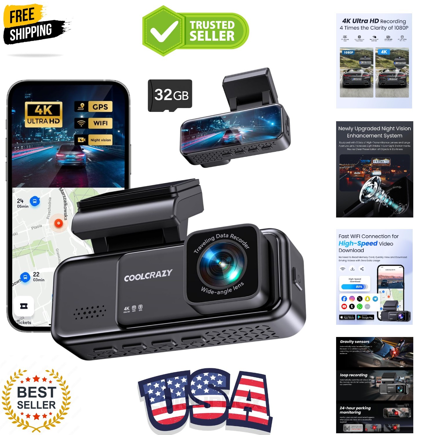 4K Dash Cam Front, Built-in WiFi GPS, Dash Camera for Cars, 3.2" IPS Screen D...