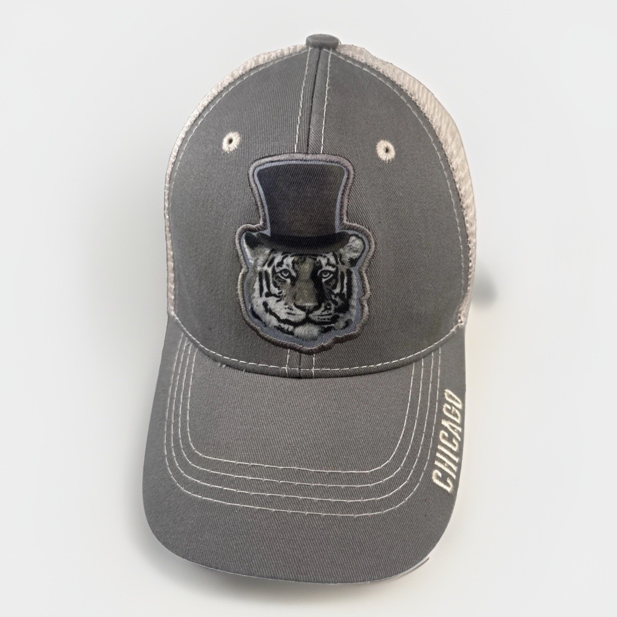 Kaiser Chicago Tiger Face w Top Hat Truckers Hat Cap Tan & Ivory Caps on Tap