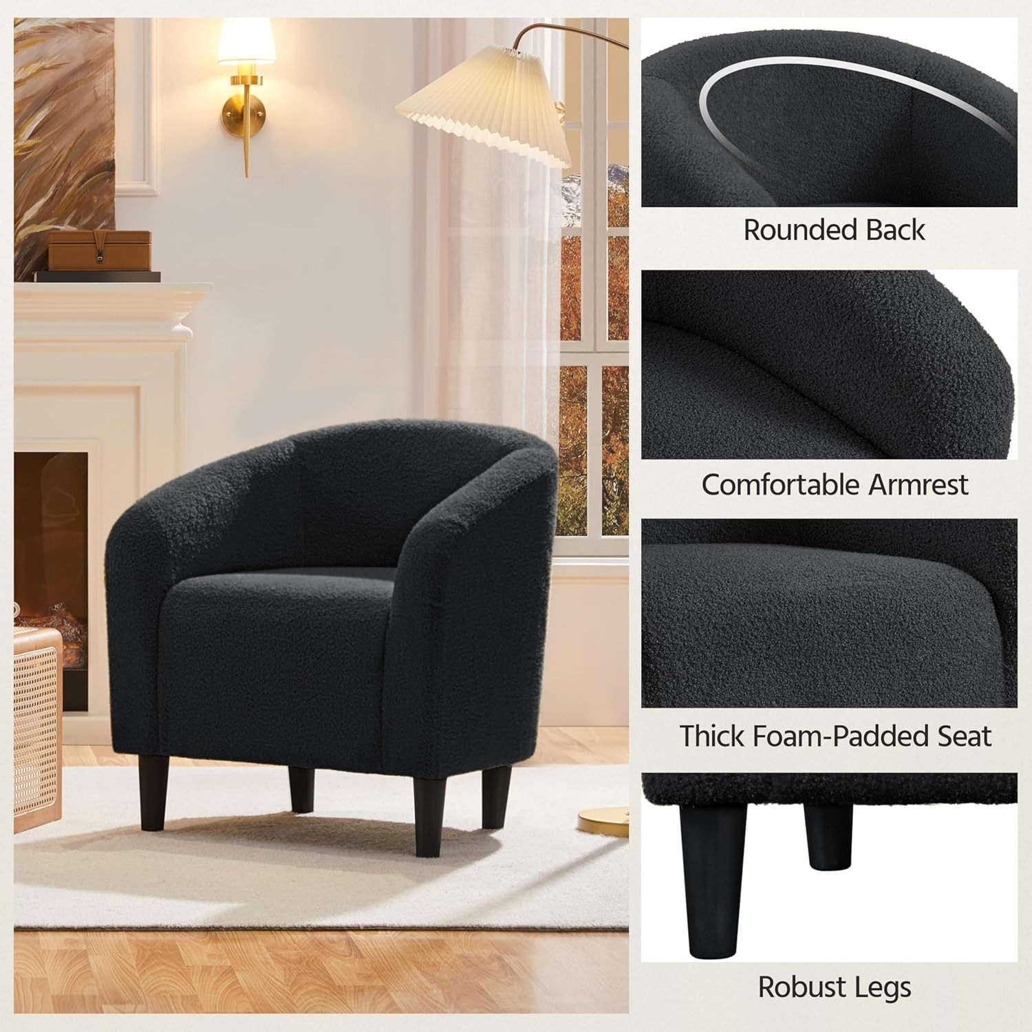 Accent Barrel Chair Boucle Fabric Club Chair Furry Sherpa Elegant Armchair W/