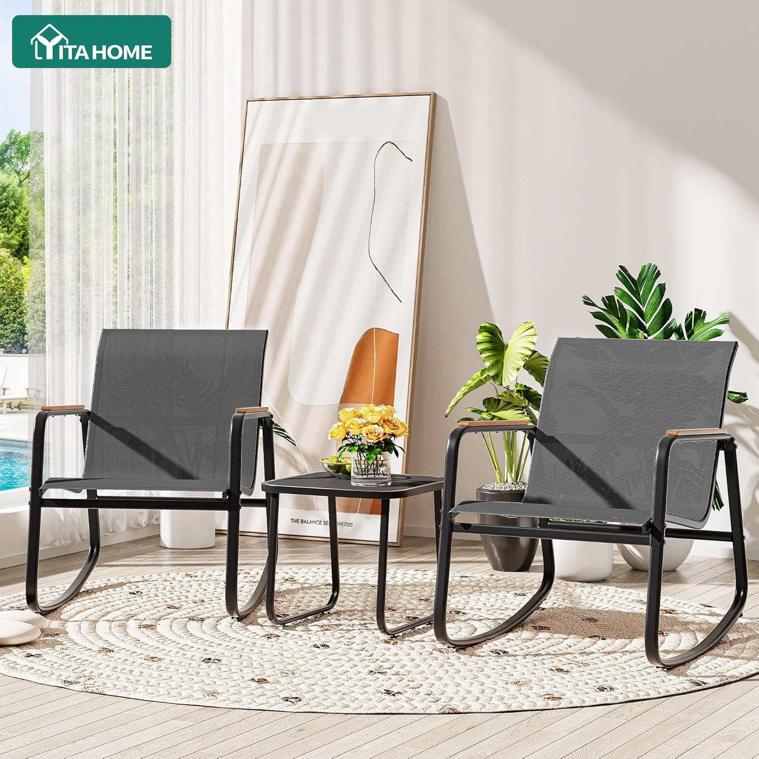3 Piece Rocking Bistro Set, Outdoor Patio Furniture Set with Wooden Armrests, Po
