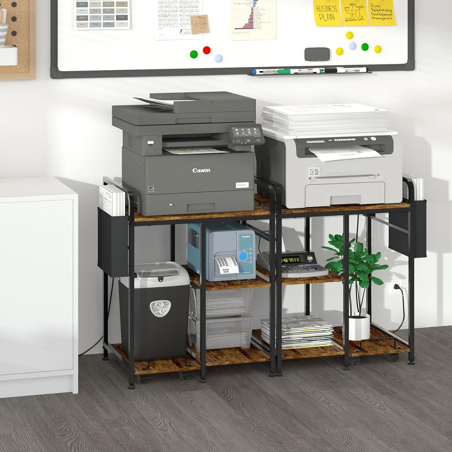 Rustic Brown Home Printer Stand with Charging Station & Storage for Office