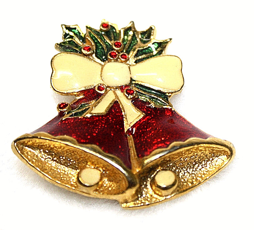 Vintage Brooch Pin Christmas Bells Holly Red Gold Toned 1.5" x 1.75" Costume