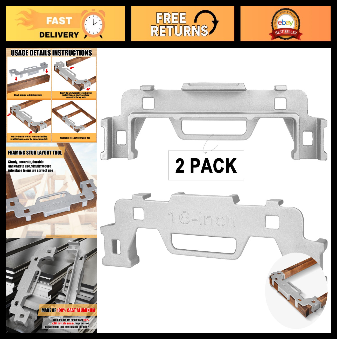 16" Framing Tools - 2 Pcs Cast Aluminum Stud Layout & Measurement Jig for Walls,