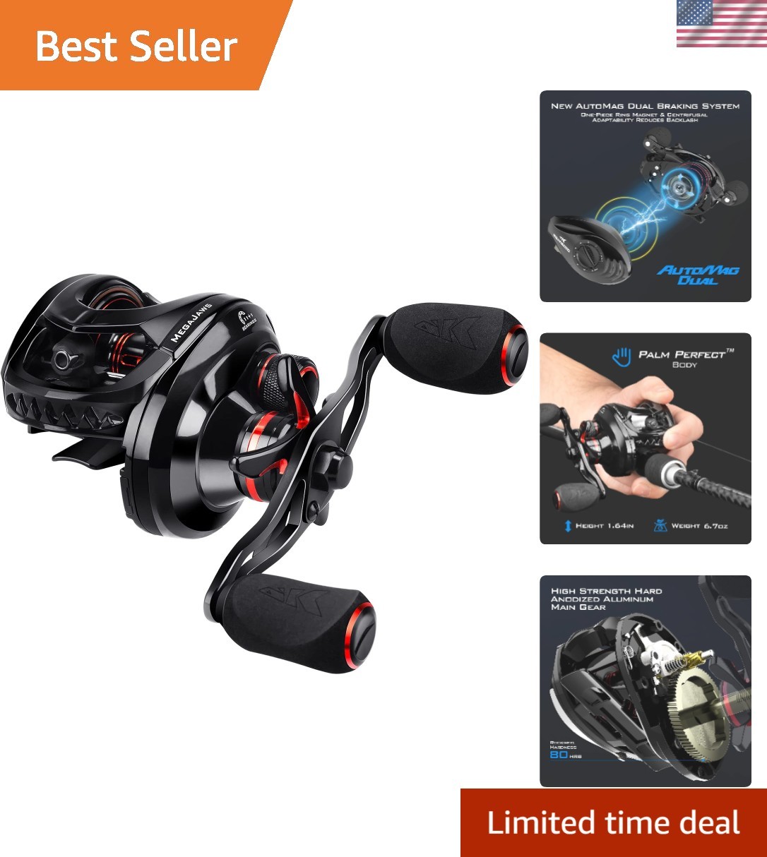 MegaJaws Elite Baitcasting Reel - Lightweight 6.7oz with AutoMag System