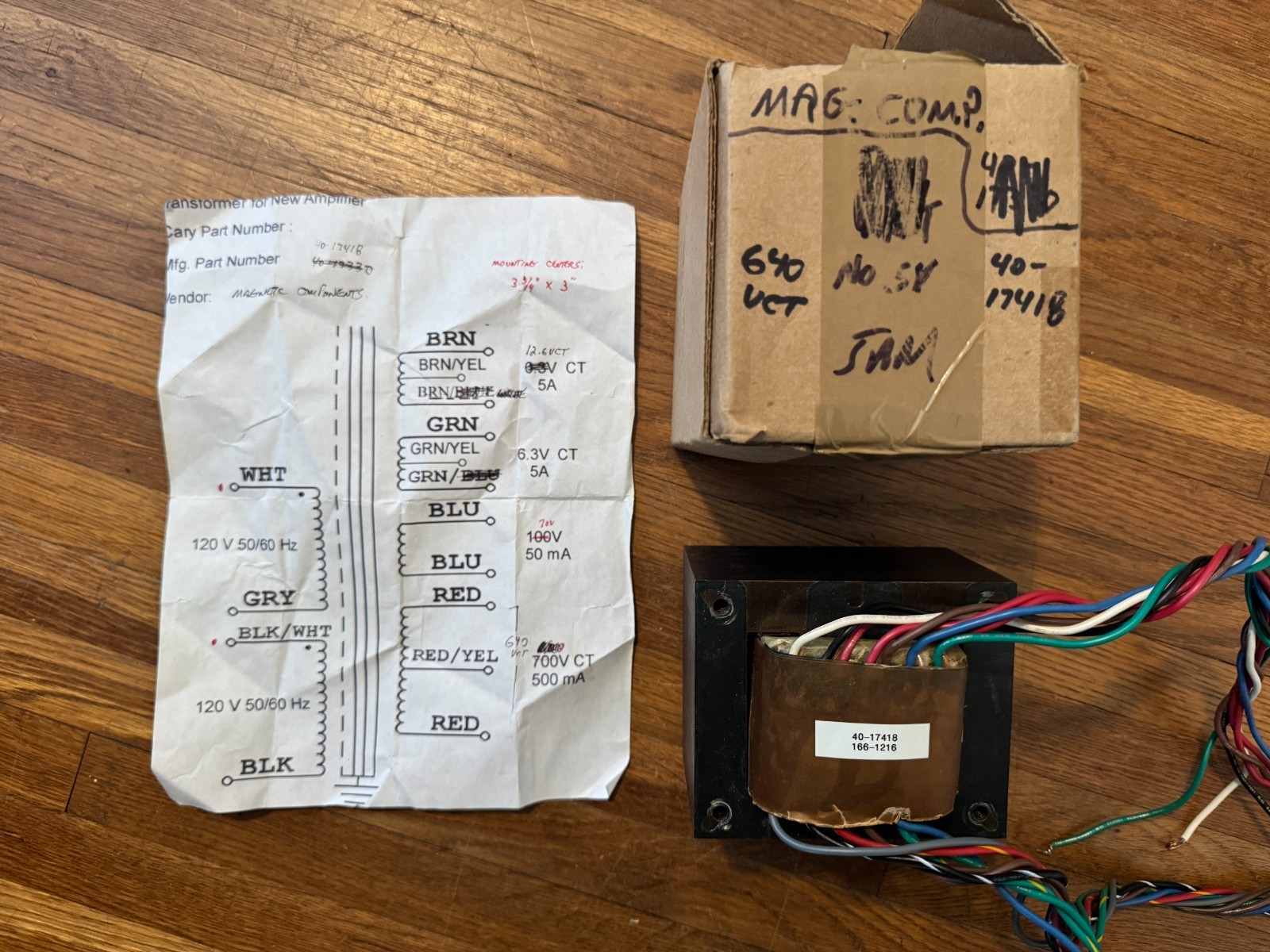 Magnetic Components, Cary Audio Power Transformer. Part # 40-17418. 640 VTC.