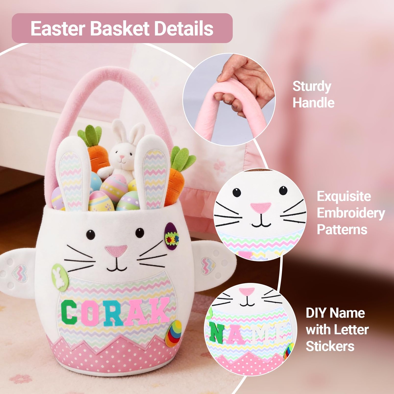 Easter Baskets for -Pink Cute Easter Bunny Baskets with Felt Letter Stickers ...