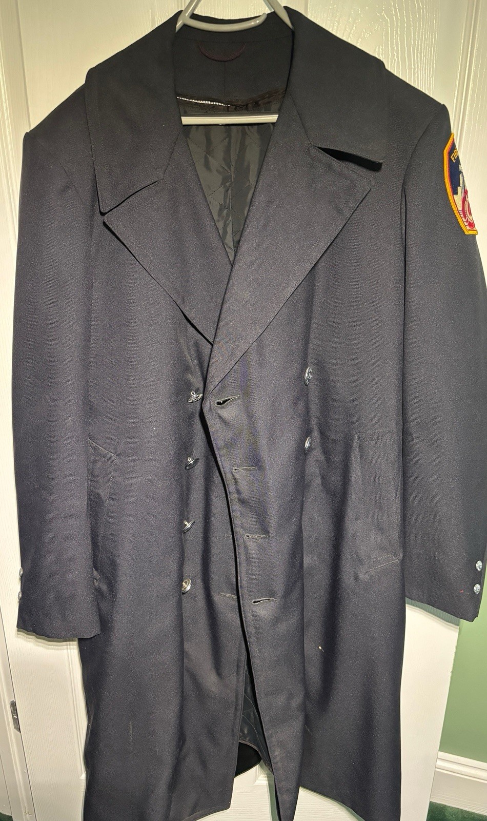 RARE 80s VINTAGE MERSON FDNY NAVY WOOL DRESS OVERCOAT TWIN TOWERS PATCH BUTTONS