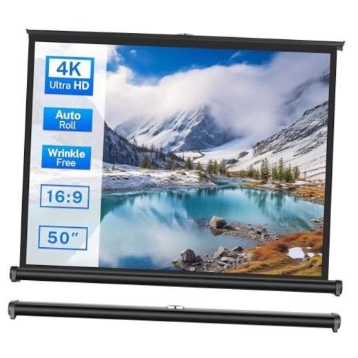 50 inch Small Projector Screen,  Retractable Pull Up Screen, Floor 50-Inch 16:9