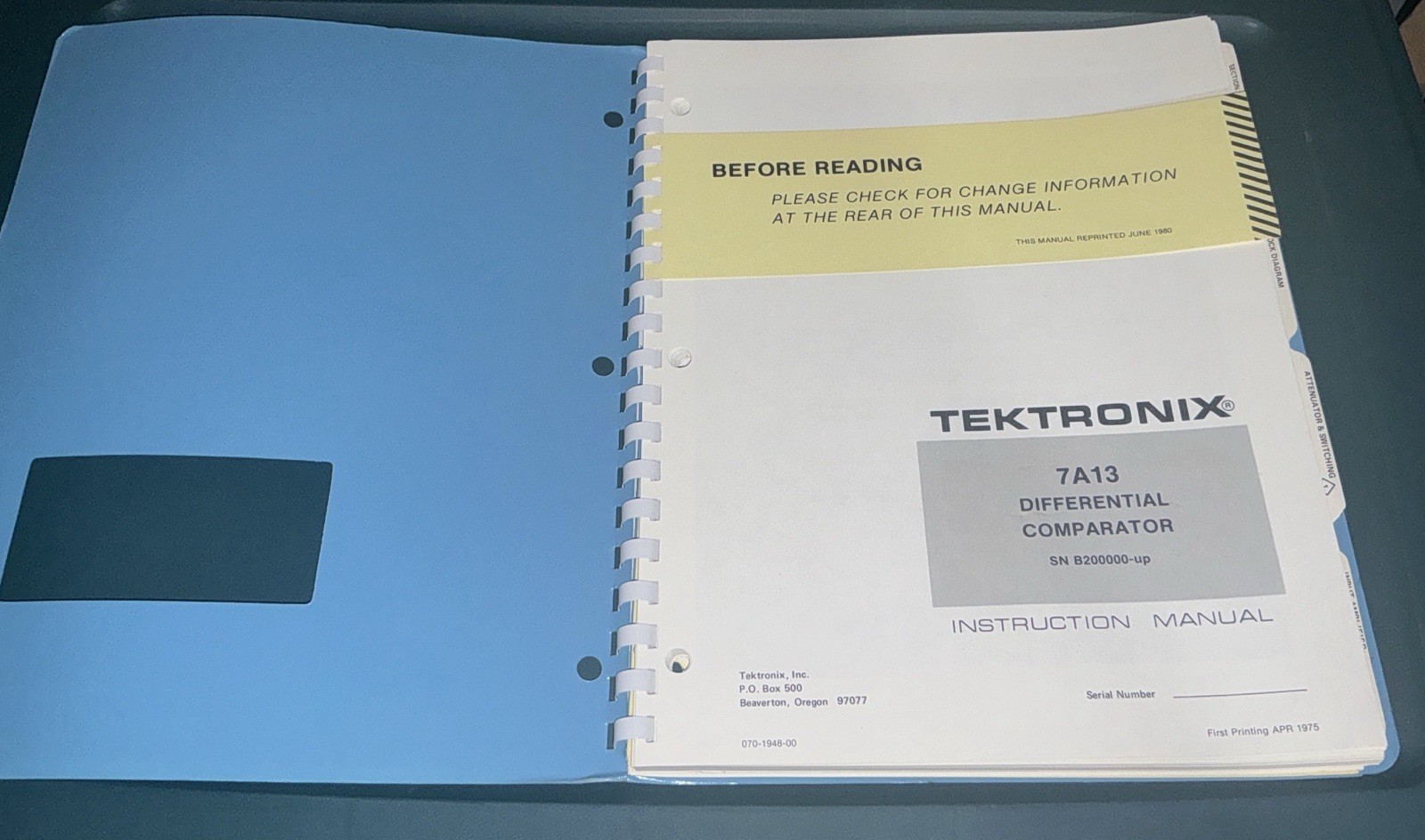 Tektronix 7A13 Differential Comparator ORIGINAL MANUAL    SN B200000-up