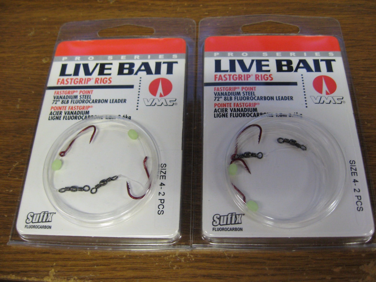 4 Sufix / VMC Fishing Fastgrip Live Bait Rigs Blood Tin Red Hooks Size 4
