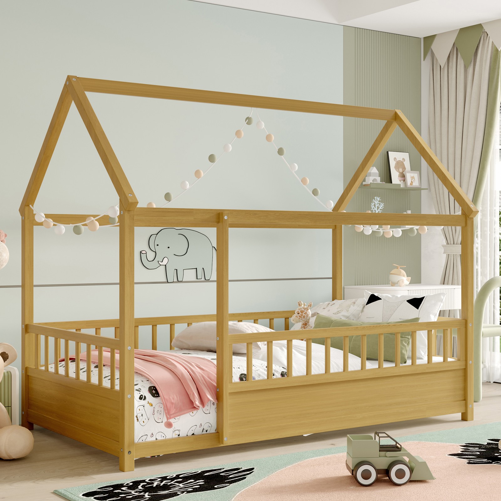Twin Size Floor Wooden Bed with House Roof Frame, Fence Guardrails Natural