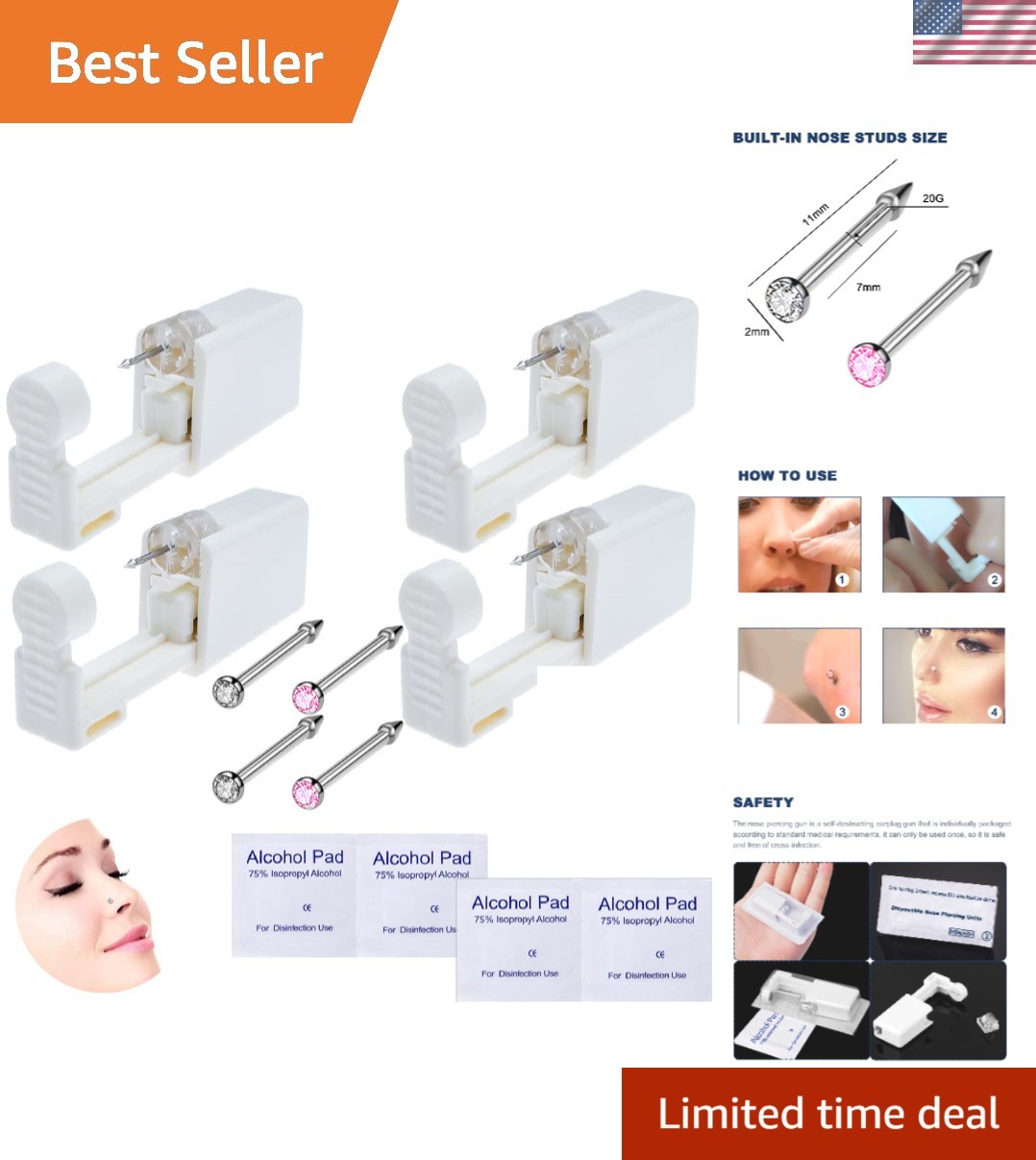 4-Pack Disposable Nose Piercing Kit with Safe Self-Piercing Gun - White & Pink