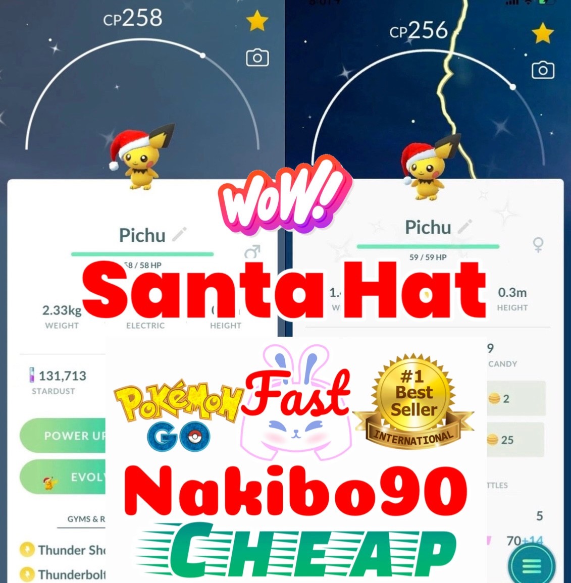 Pokemon🌟Shiny Pichu Santa Hat Costume🌟Tra De🌟Go🌟P’TC🌟