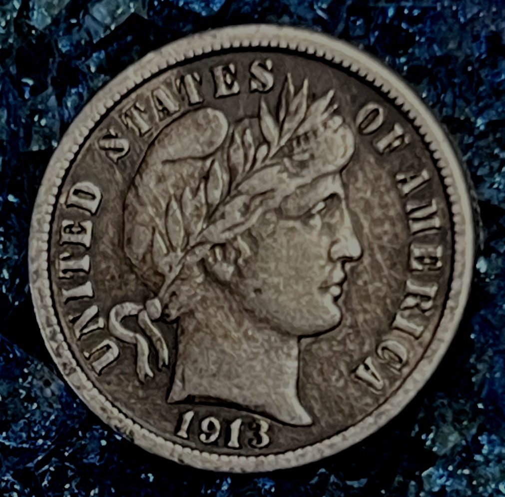 1913 BARBER SILVER DIME  ORIGINAL PATINA  FULL LIBERTY  TONED US TYPE COIN