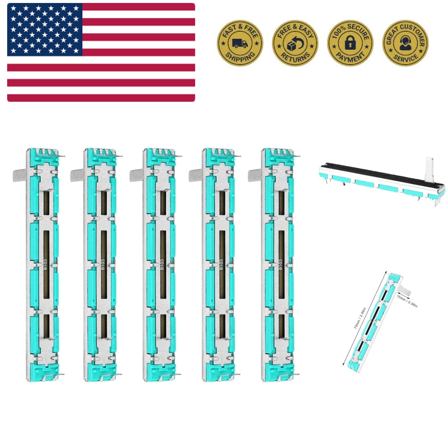 Dual Channel Straight Slide Potentiometer, 5 Piece Set, Volume Control and Au...