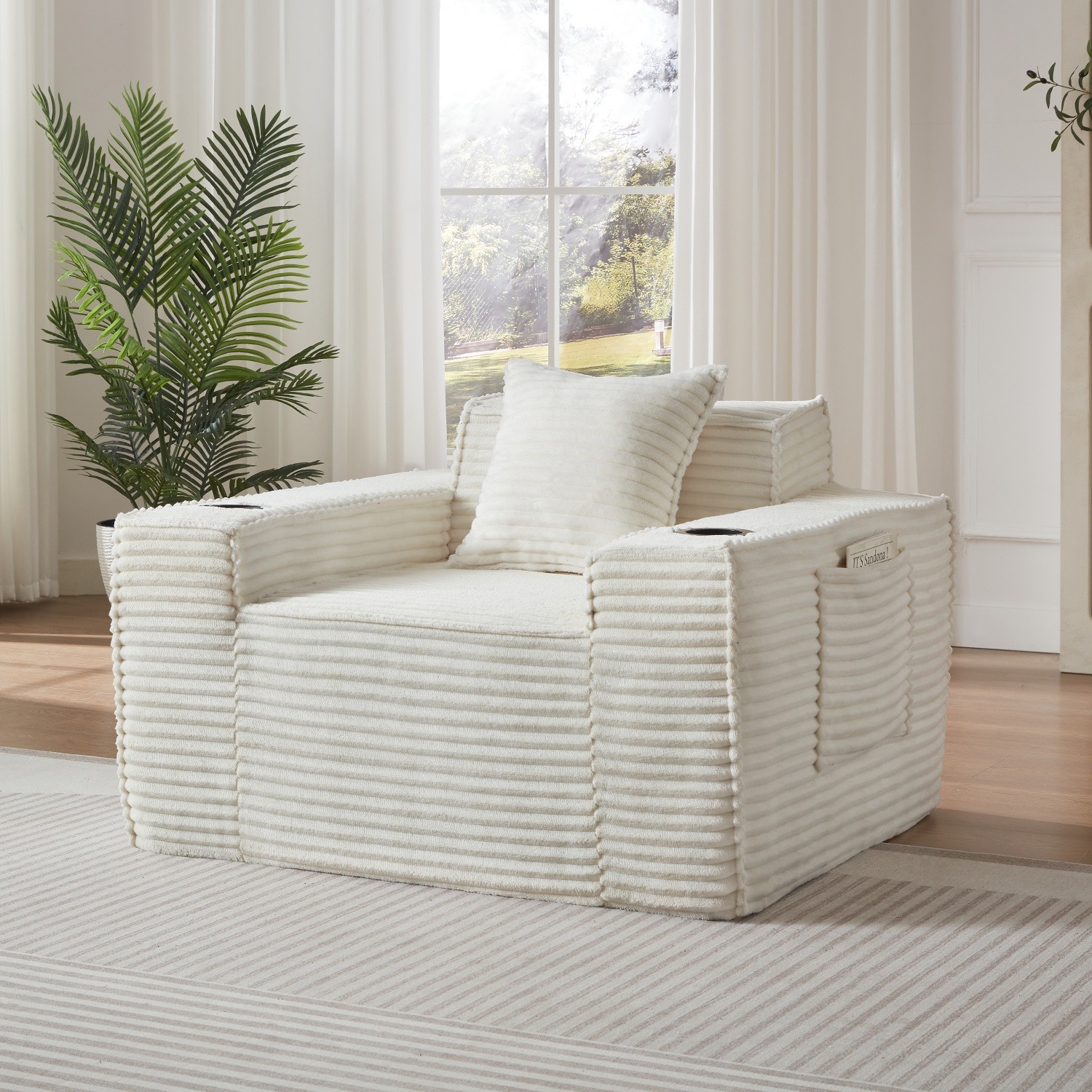 No Assembly Floor Chair 1Seater Corduroy Chair w/ 2 Cup Holders for Apartments