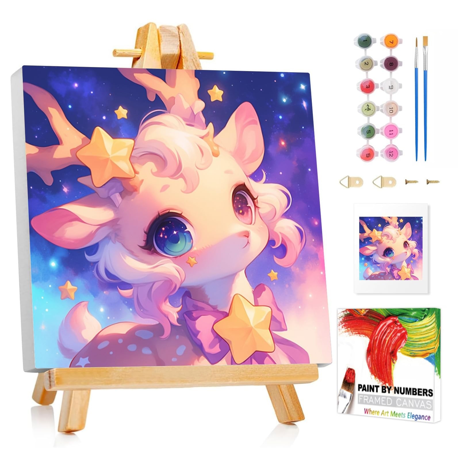 Framed Paint By Numbers Kit For Kids Beginners Deer DIY Canvas Art 8x8 Inch