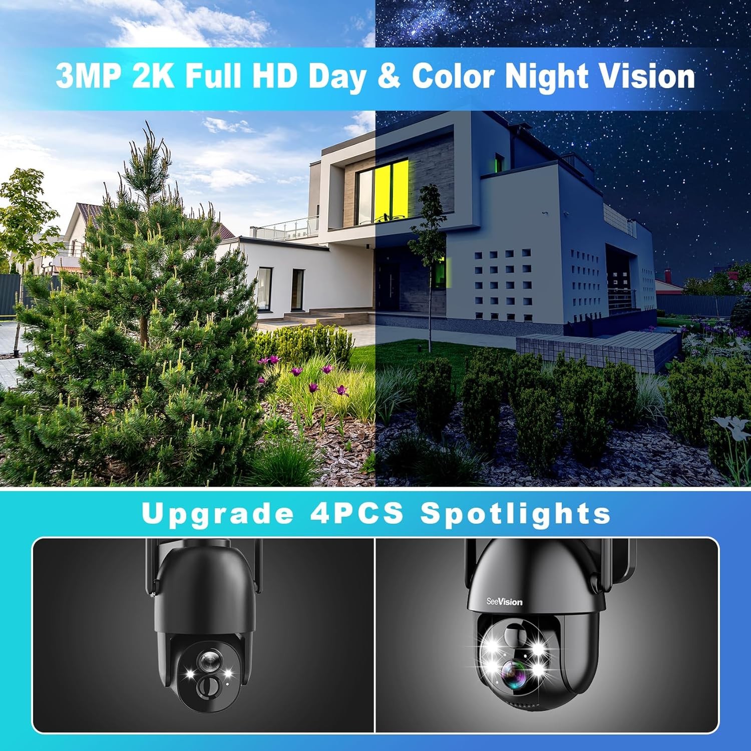 Solar Security Cameras Wireless Outdoor, 2K PTZ WiFi 3MP Indoor Security Camera