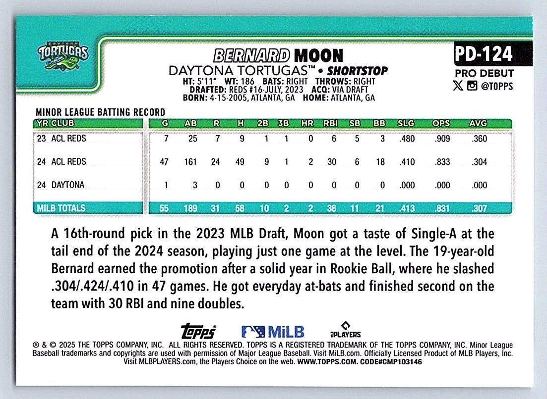 BERNARD MOON TORTUGAS 2025 TOPPS PRO DEBUT #PD-124