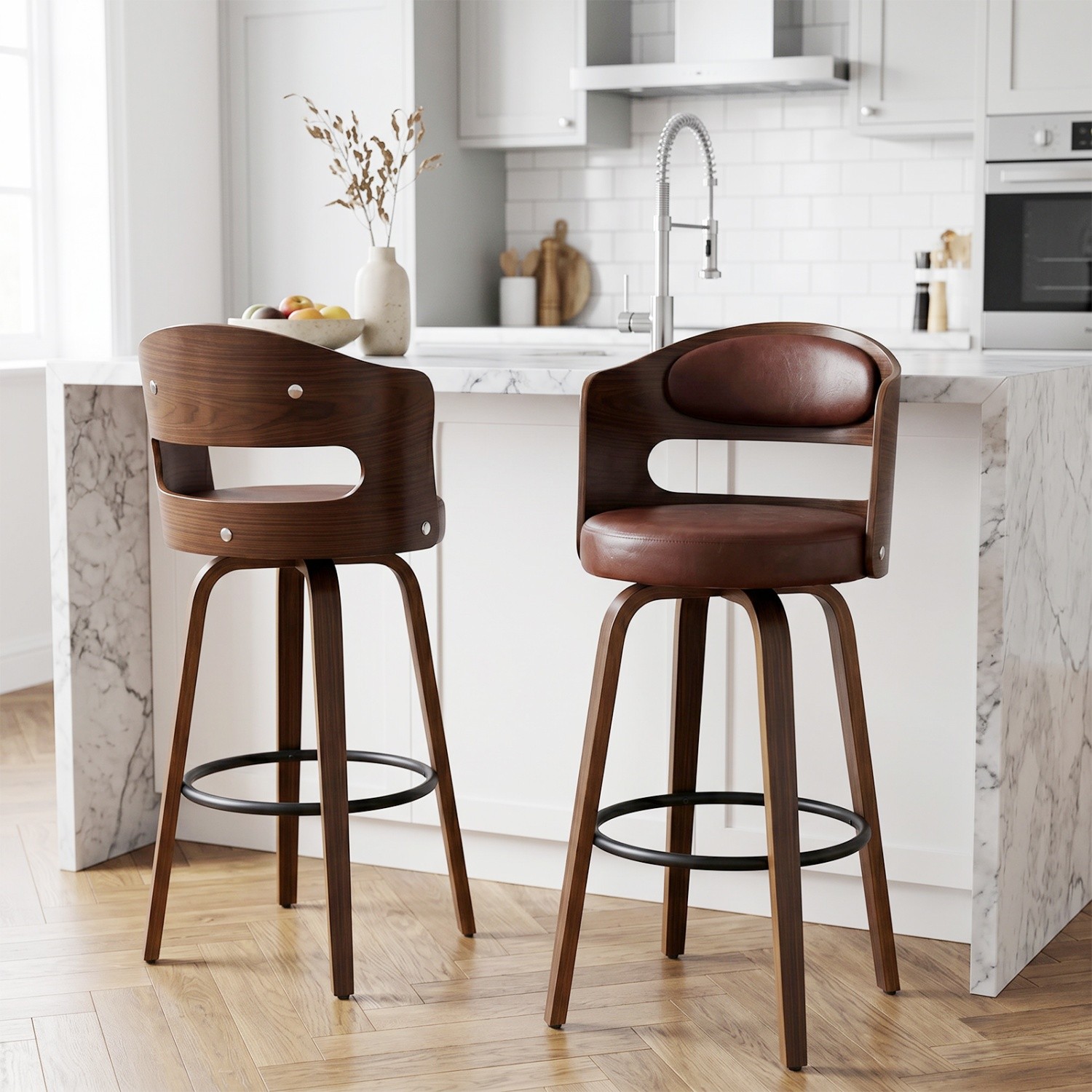 2 Swivel Counter Bar Stools Brown Leather Padded Seat Solid Wood Back Metal Legs