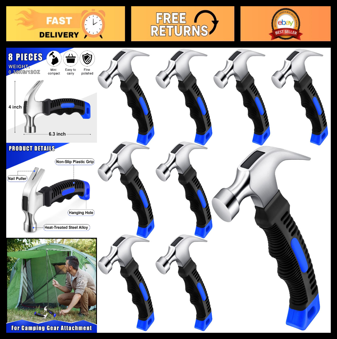 8-Piece Mini Hammer Set 12oz Lightweight Claw Hammers for Kids & Adults, Crafts