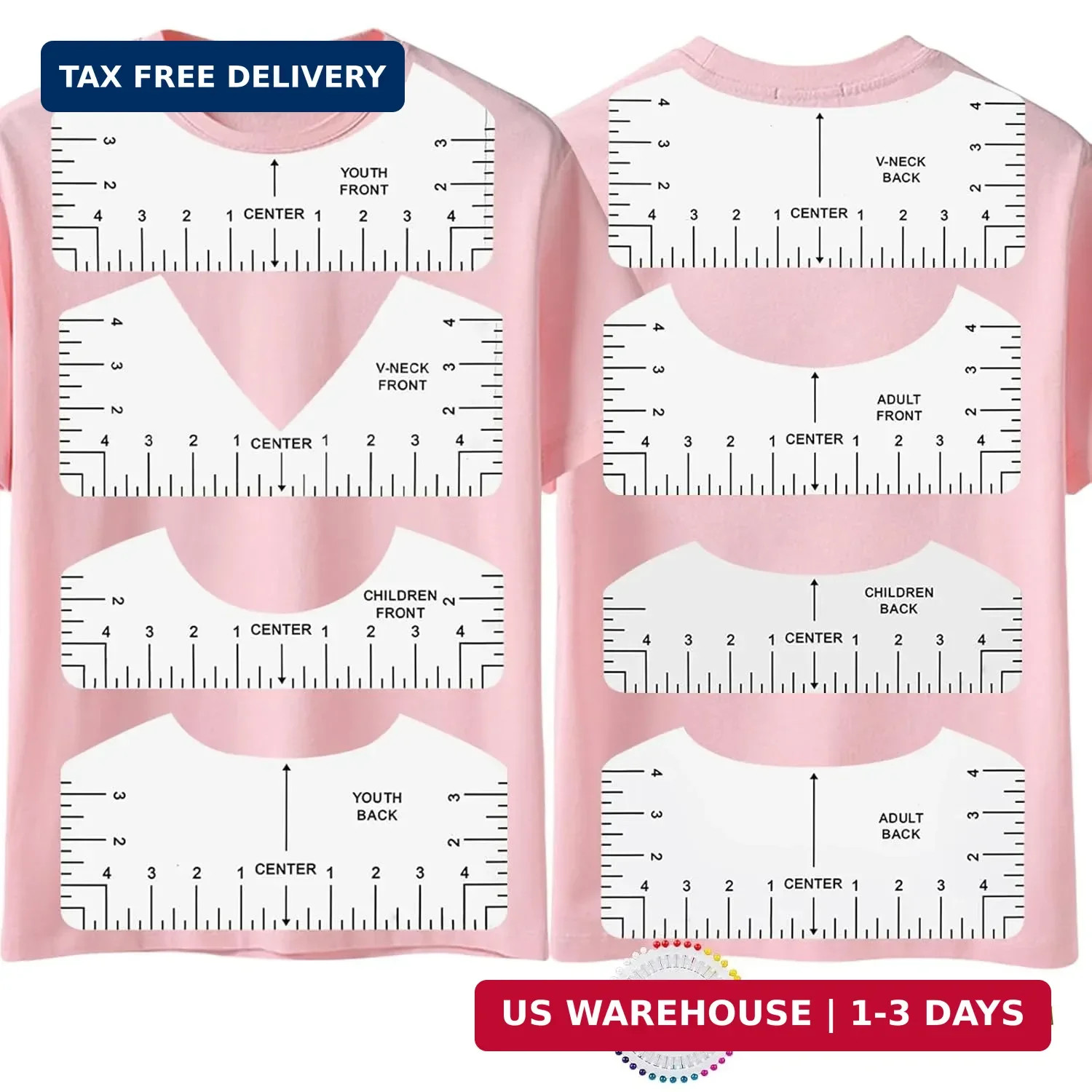 Tshirt Ruler Guide Vinyl Alignment, Transparent V-Neck/Round PVC Ruler for Align
