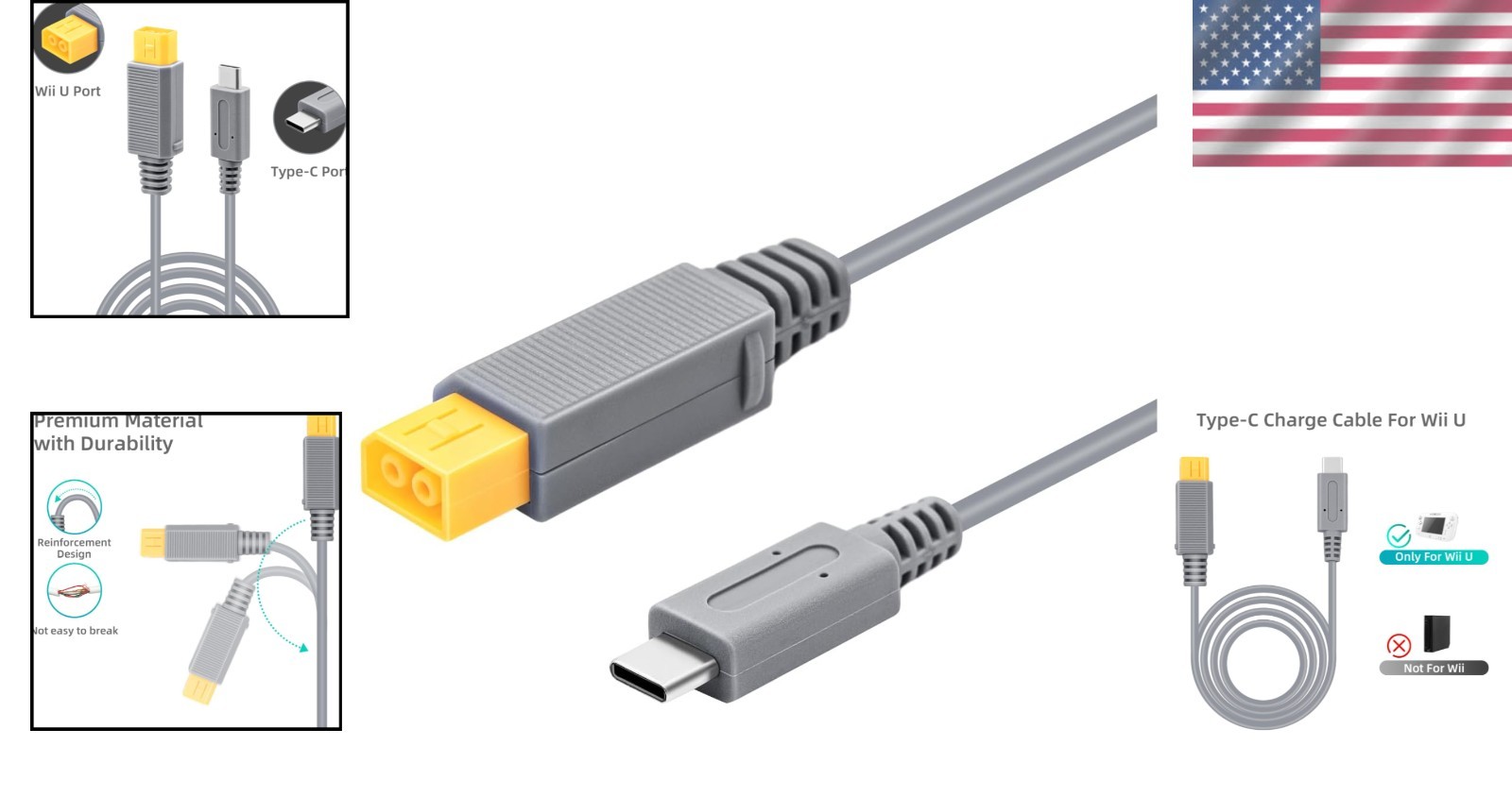 Durable 6.5Ft Type C Power Cable for Wii U - Lightweight & Portable Solution