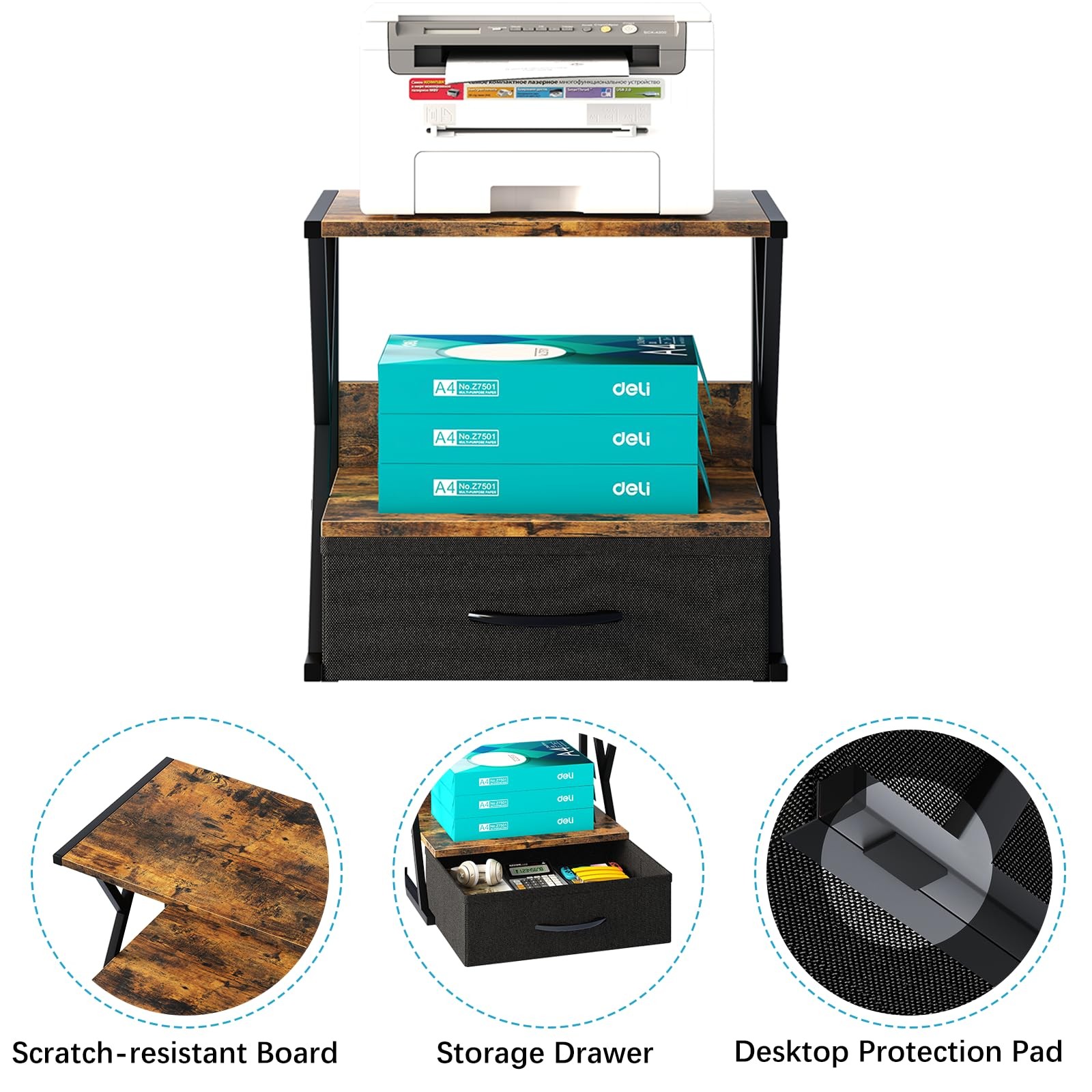 aboxoo Printer Stand for Desk with Storage Drawer, 2 Tier Brown
