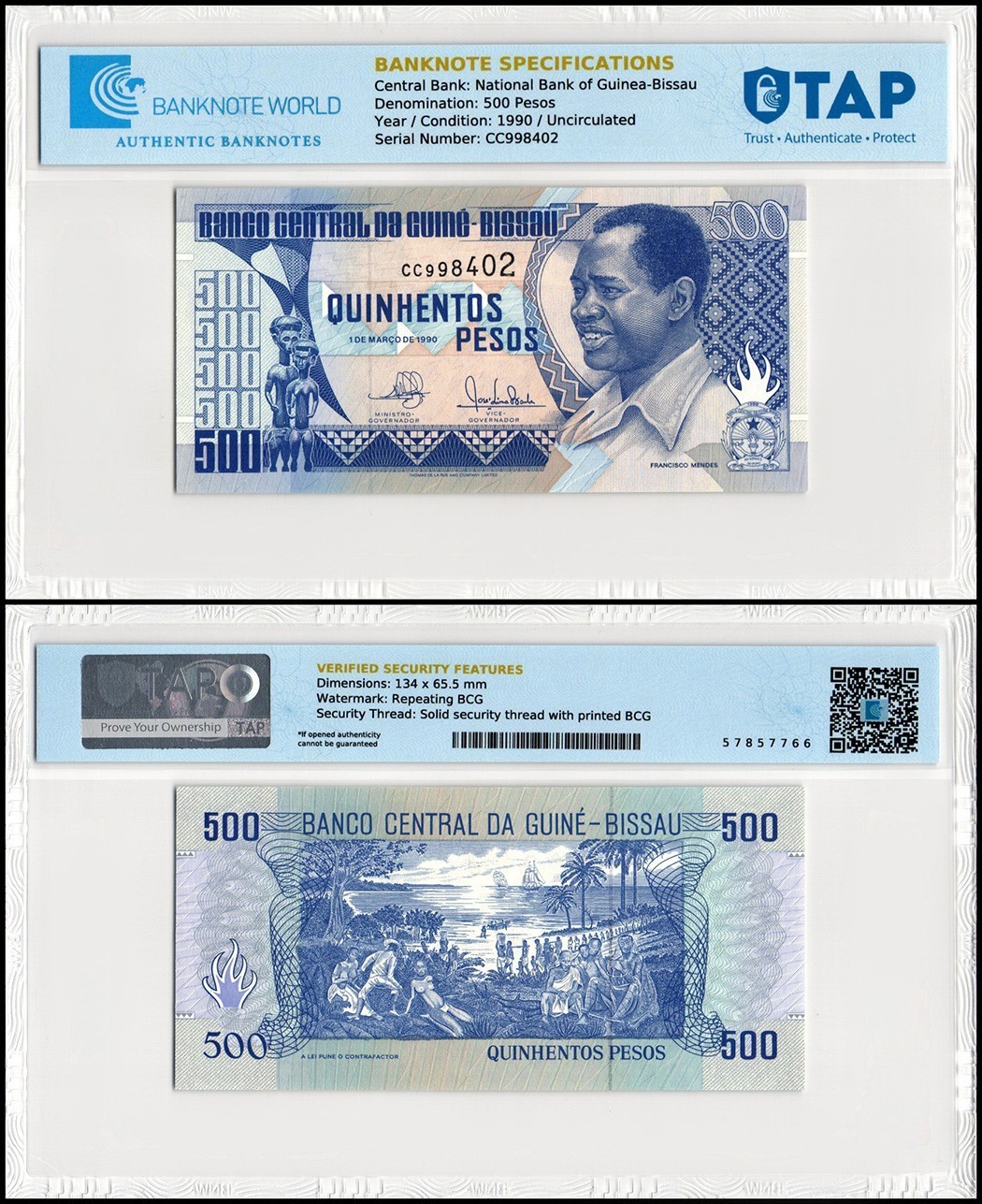 Guinea Bissau 500 Pesos, 1990, P-12a, UNC, TAP Authenticated
