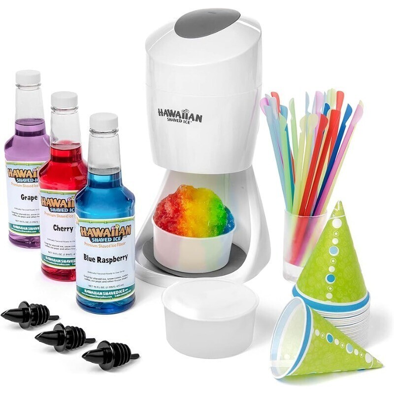 Shaved Ice Machine Kit - 3 Flavors, 25 Cups, Straws, Pourers, Ice Molds