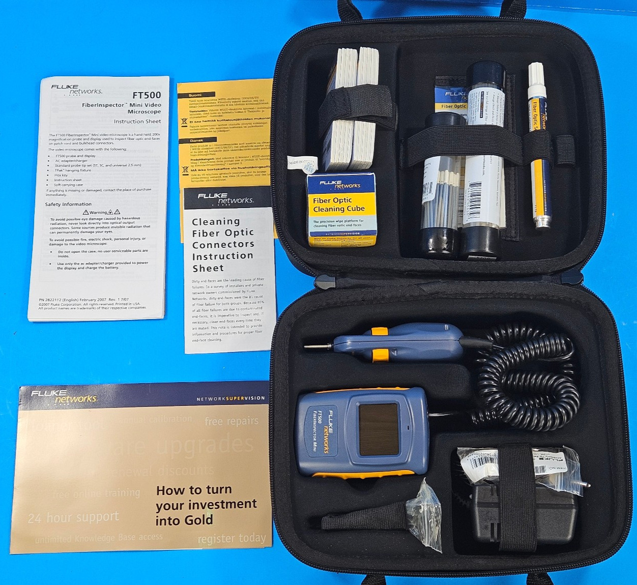 Fluke Networks FT500 Fiber Inspector Mini w/Deluxe Optical Cleaning Kit NEW!