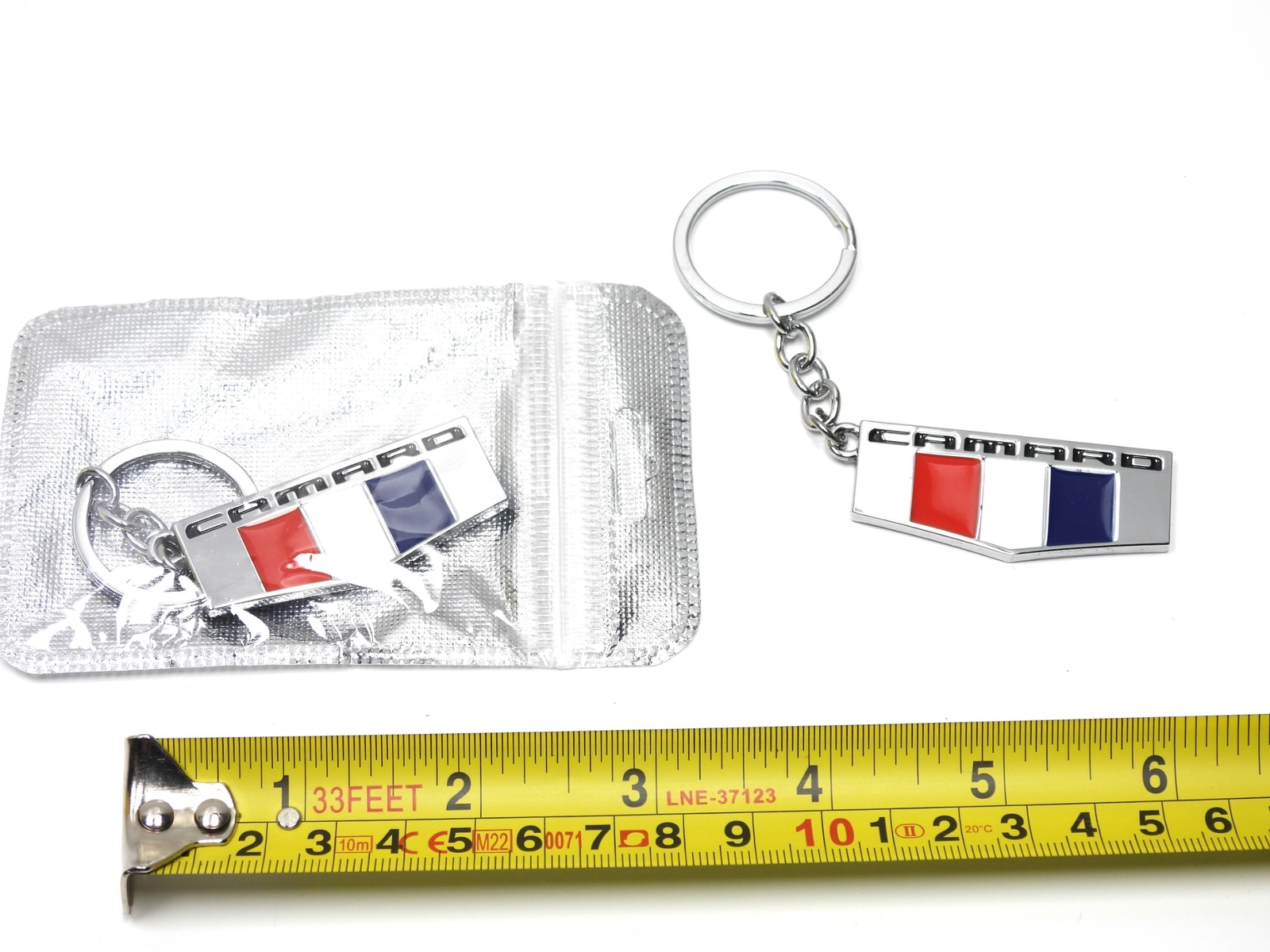 (2x) 3D Emblem Keychain for Chevrolet Camaro Red White & Blue Chrome Alloy
