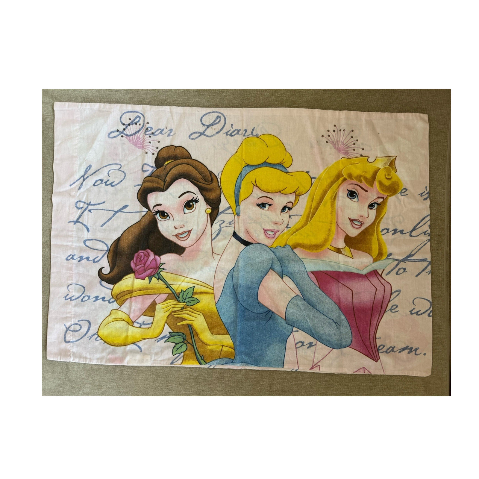 Vintage Disney Princess Pillowcase Cinderella Belle Aurora Pink Script