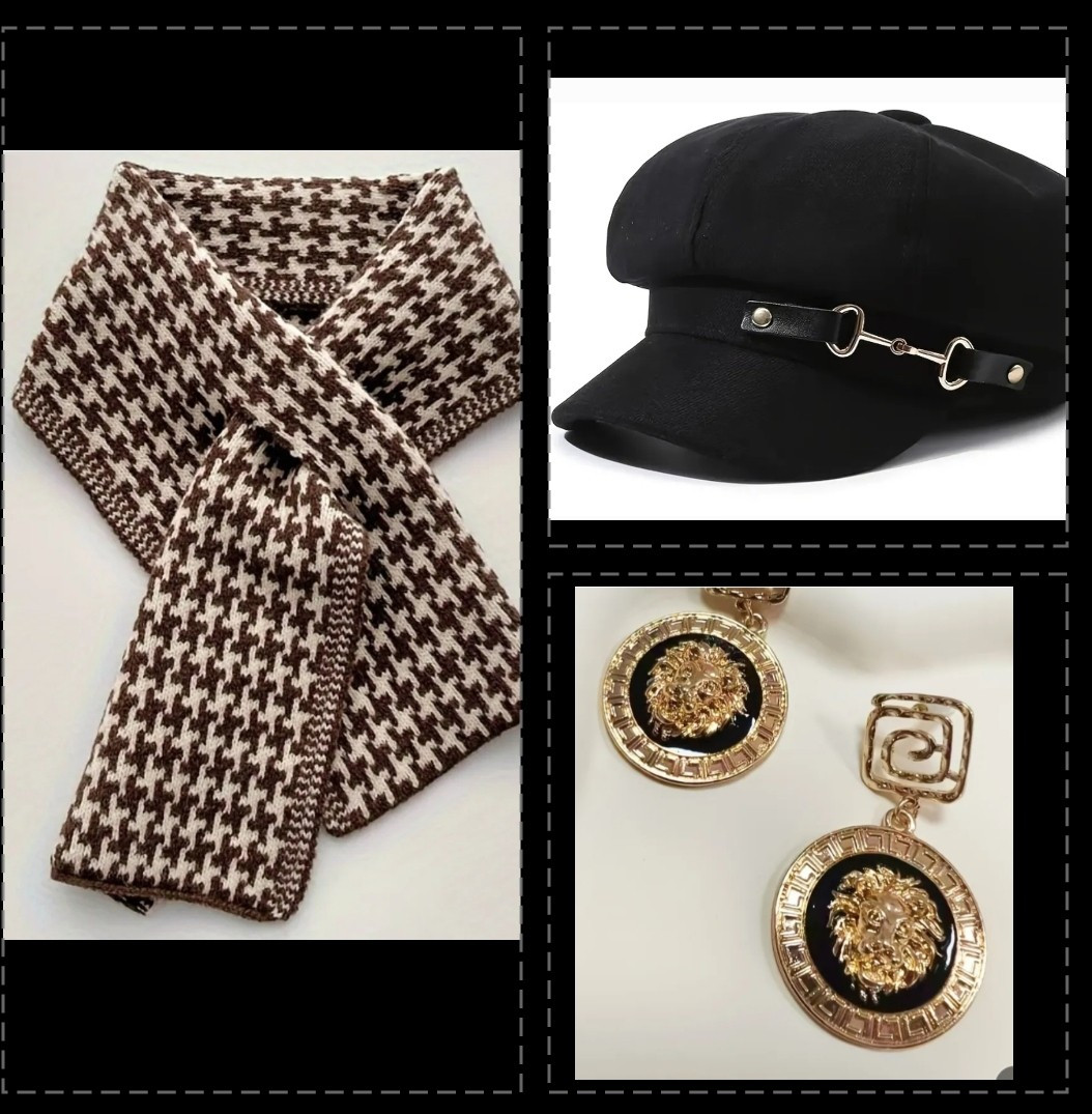 NEW Black & Ivory Beige Herringbome Scarf + Newsboy Scarf + Gold Tone Earrings