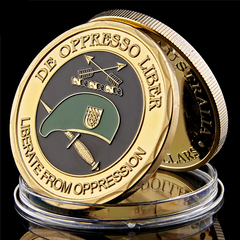 US Army Green Beret De Oppresso Liber Special Forces Gold Plated Challenge Coin