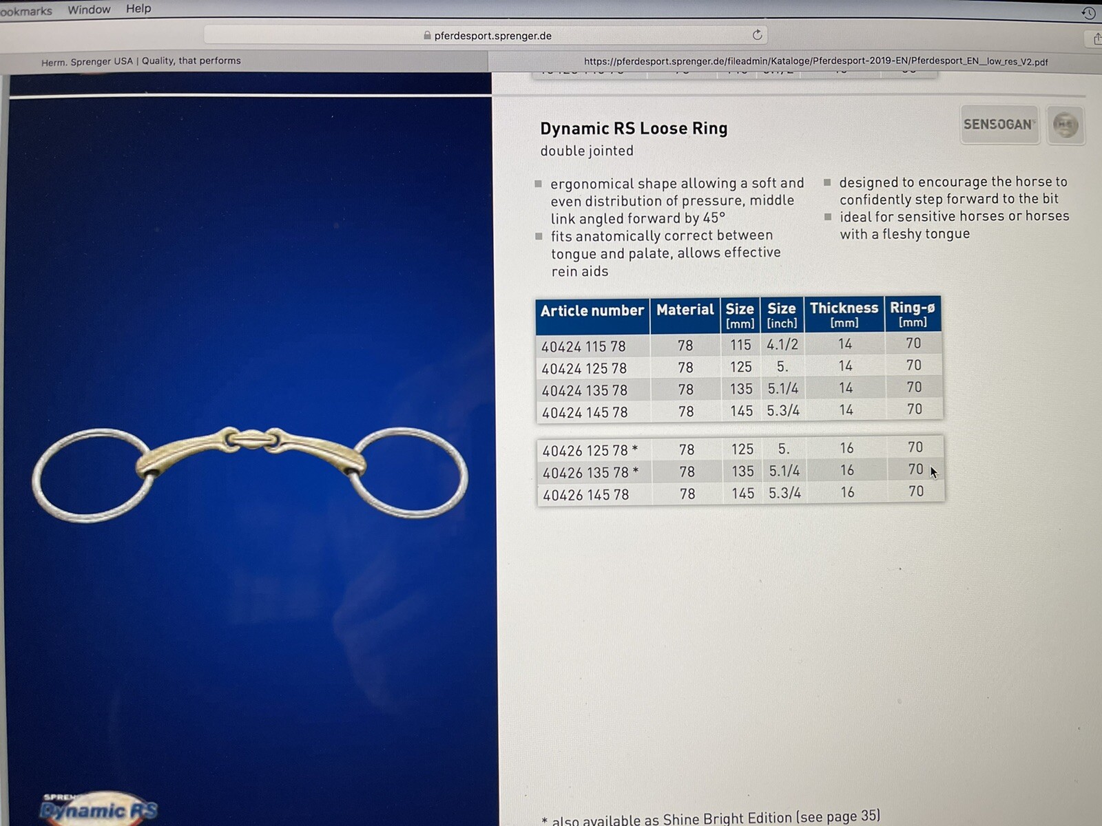 Herm Sprenger Dynamic RS Sensogan Loose Ring Snaffle Bit Size 5.75