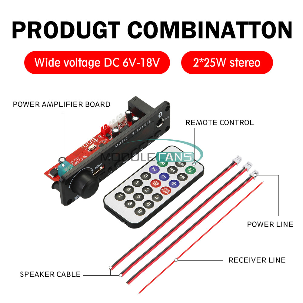 50W Amplifier Bluetooth 5.0 MP3 Player Decoder Board 6-18V FM Speaker Module