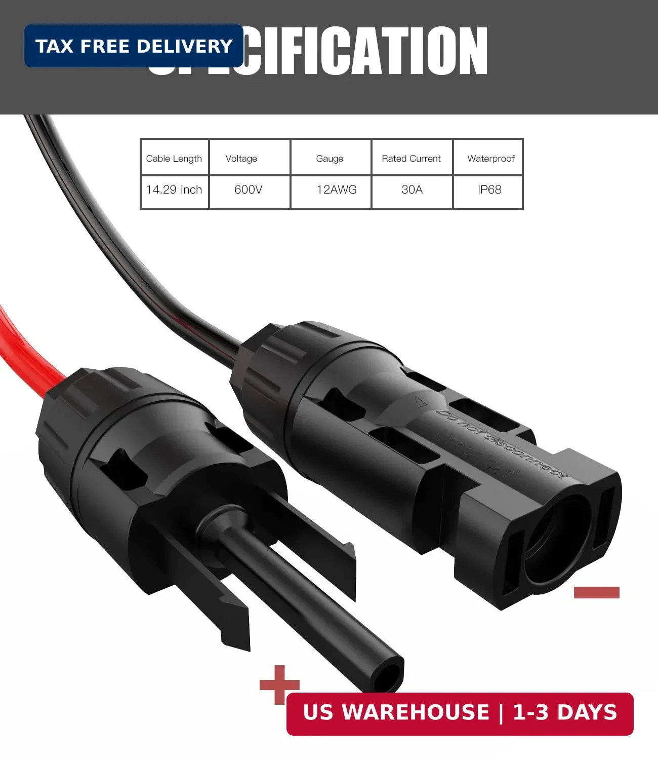 Solar Extension Cable - 10AWG, 30Cm with 2 SAE Polarity Reverse Adapters