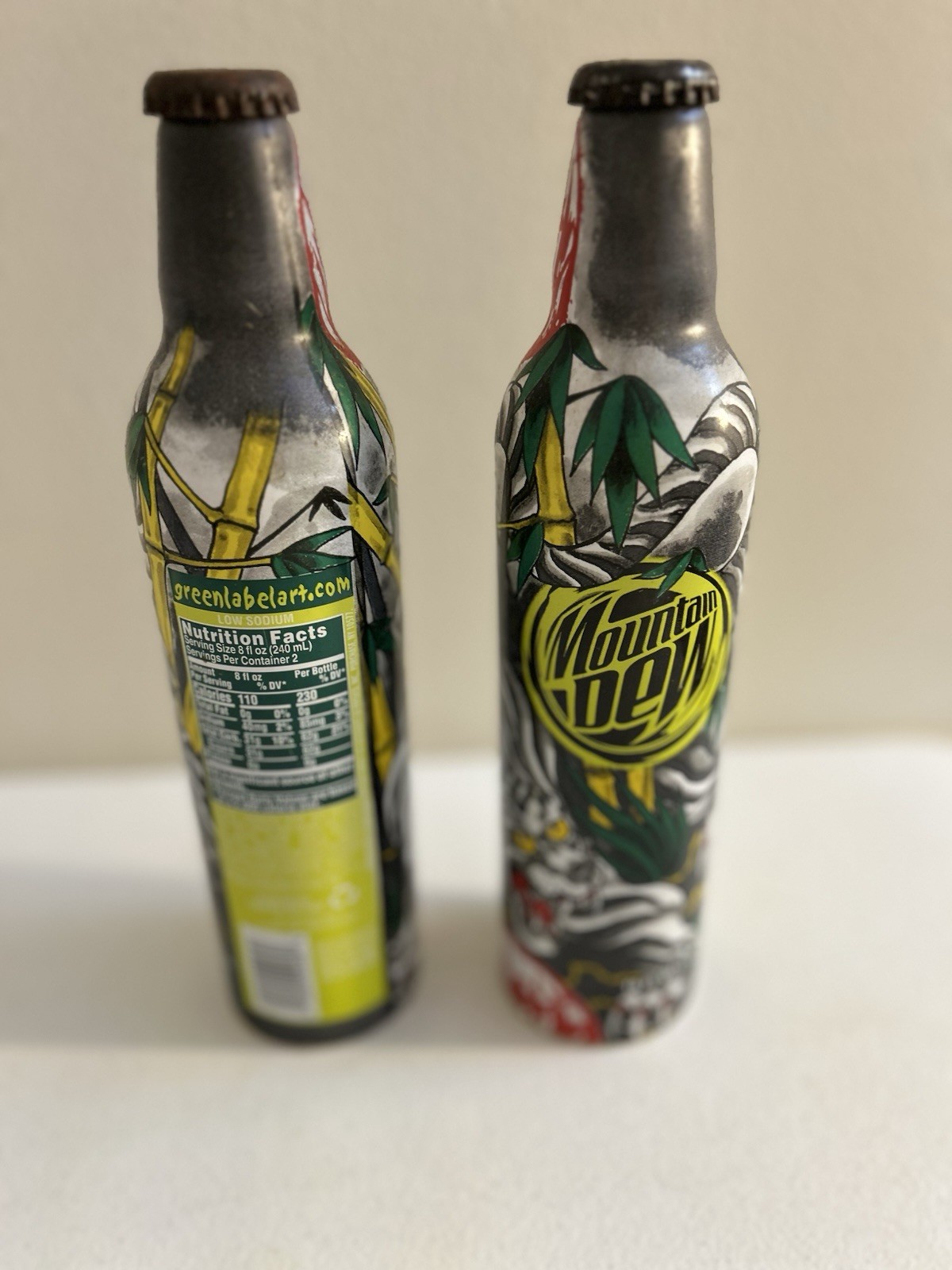 Lot Of 2 Mountain Dew Green Label Art Bottles~2008 Aluminum Full Graphics~ Full