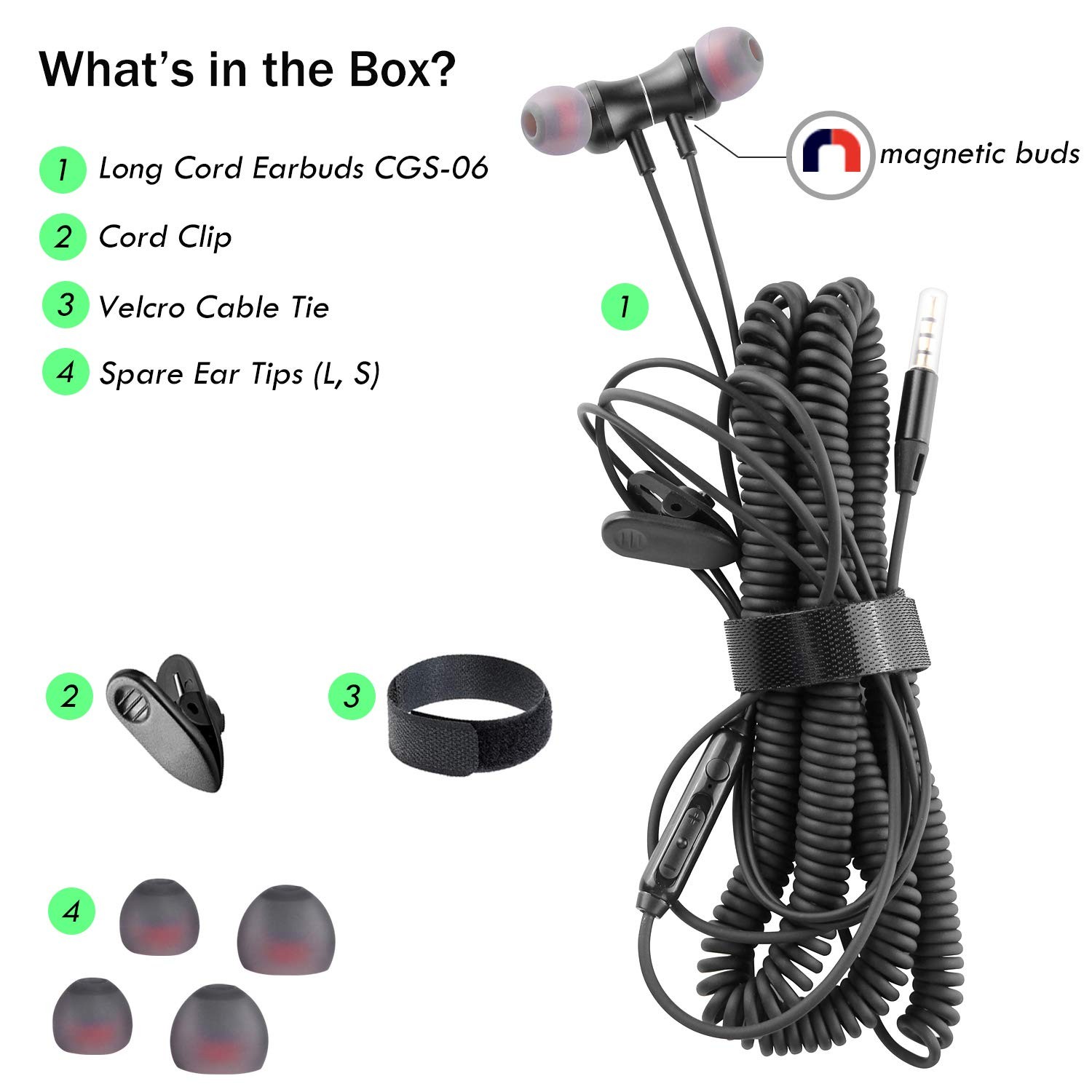 Extra Long Earbuds for TV & PC, with 12FT Spring Coiled Extension Cable, Volume