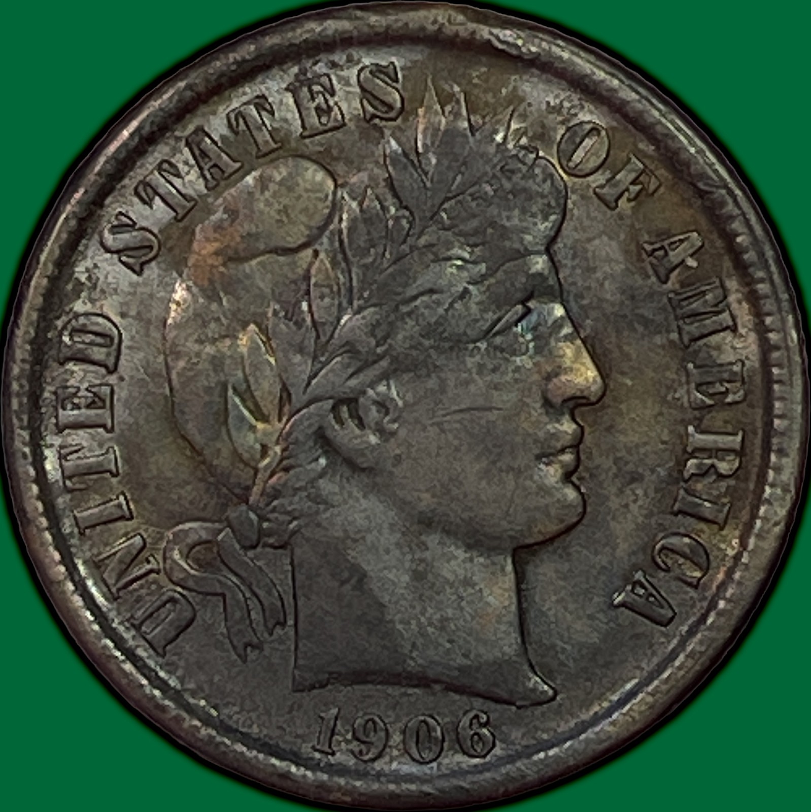 1906-O Barber Dime Almost Uncirculated AU Coin, Dark Toning #43087