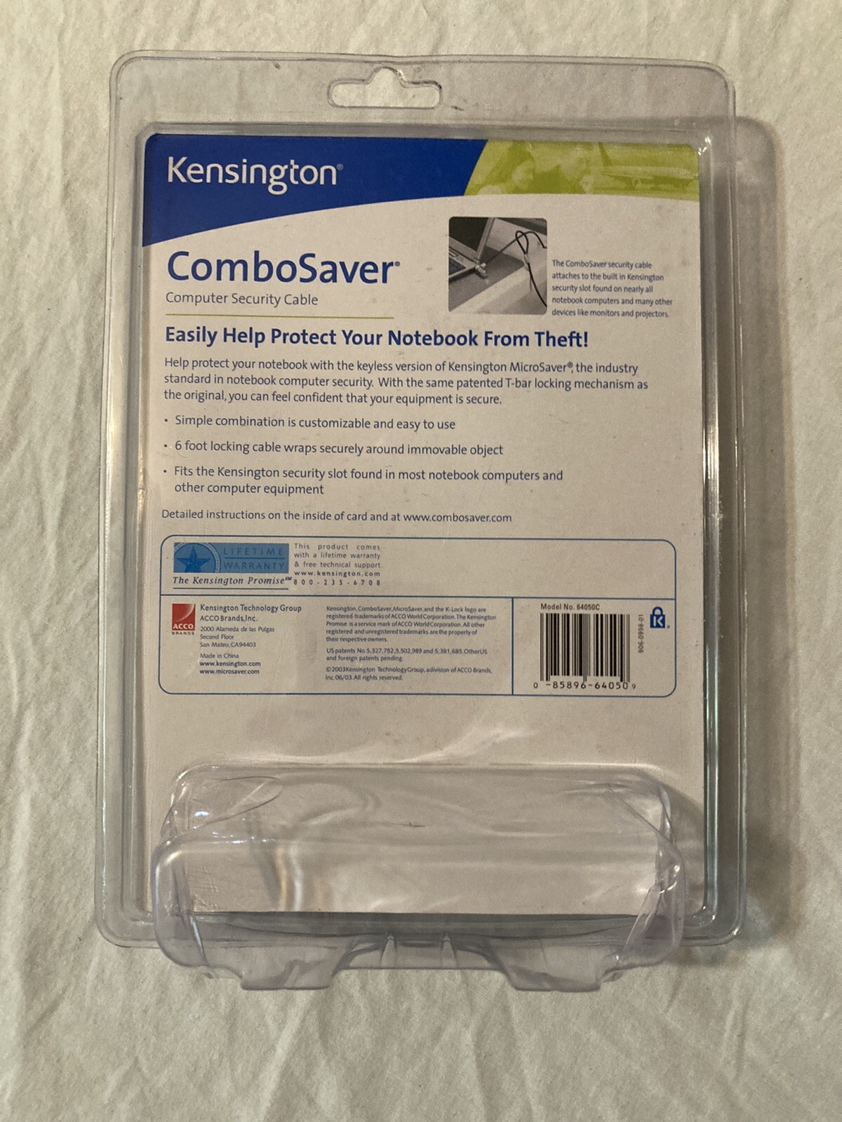 KENSINGTON 64050 Combo Saver Computer Security Cable for Notebook Laptop